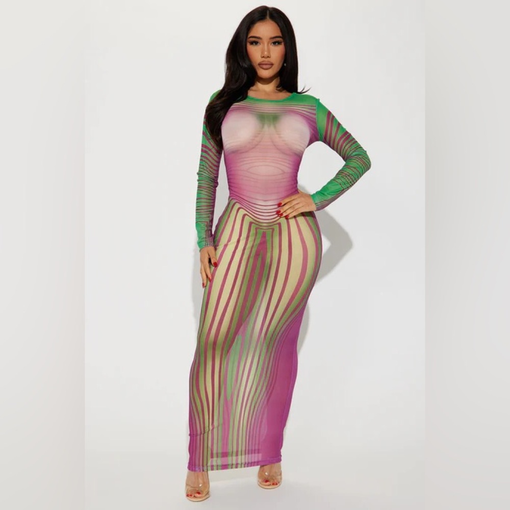 Multicolor Striped Mesh Long Sleeve Maxi Dress M